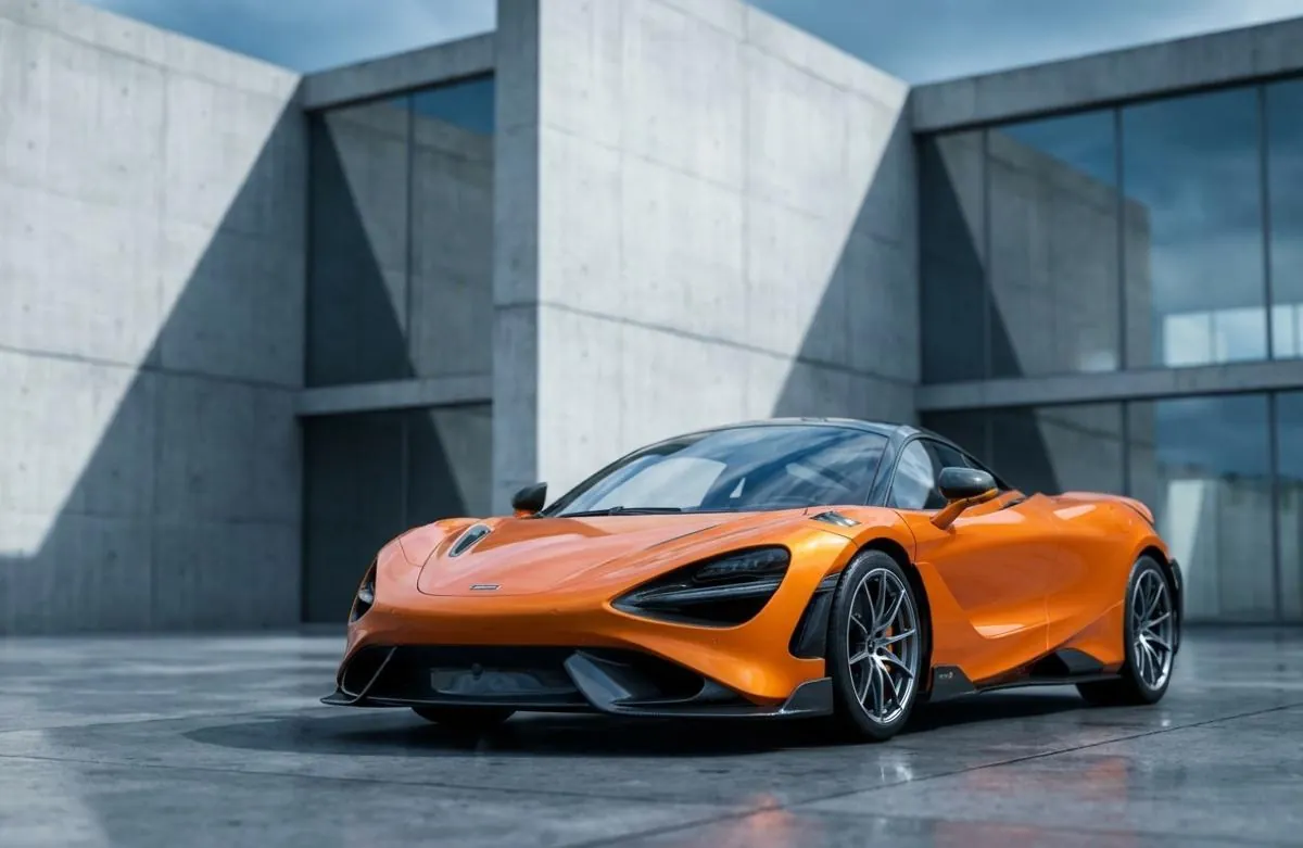 McLaren 750S כתומה מול מבנה בטון